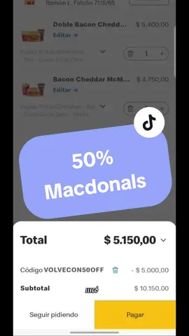 Cupón de 50% en Macdonals  Es cuestión de probar con la cuenta de cada uno! #fyp #foryou #viral #parati #macdonalds #mc #cupón #cupones #descuentos #promociones #Argentina #combos #Burger #comida 