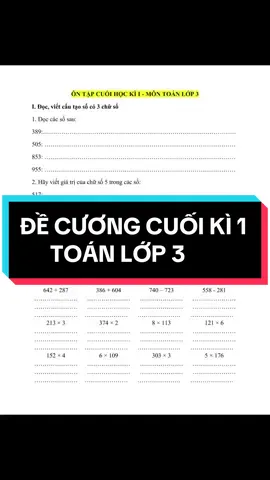 ĐỀ CƯƠNG CUỐI KÌ 1 - TOÁN LỚP 3 #dekiemtra #dekiemtracuoiki #hoctieuhoc #xuhuong #hottrend #LearnOnTikTok #conguyenhuongly #cohuongly #sachcohuongly #cohuonglyhoctottieuhoc #cohuonglytieuhoc 