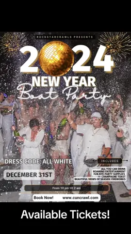 Book now for the New Year’s Eve! It will be insane!! Dress Code: All White. 💫 Start the year in the most incredible way with a boat party dressed in white toasting with champagne in the waters of the Caribbean! Do you know a better plan? 😎because we don't! Book now before we run out of tickets. 🥳 📲 www.hiphopmex.com 