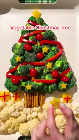 Vegetable Christmas Tree 🎄⭐, this is such a cute veggie snack or appetizer! 🛒 Ingredients  broccoli, broken into florets red and yellow bell peppers, sliced cherry tomatoes pretzel sticks cauliflower, broken into florets ⭐How to make it: Arrange broccoli florets in the shape of a Christmas tree. Drape red pepper strips as garland between the rows of broccoli florets and stick in the cherry tomatoes as ornaments. Cut yellow bell pepper into a star and place on top of the broccoli tree. Cut remaining yellow bell pepper to become star ornaments on the tree.  Add pretzel sticks to lay as a trunk on the bottom of the broccoli tree. Arrange cauliflower as a snowy ground. Use more peppers to make presents that surround the tree. #christmasrecipes #veggietray #appetizers #christmastree #diychristmas #healthysnacks 