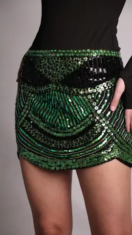 TILA- featuring an emerald green mini skirt with sequin embellishments all over. #fyp #azaleastudios #fashiontiktok #ArabTikTok 