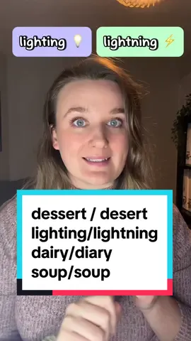 This is how to pronounce these words in a British accent - to be specific with modern Received Pronunciation! (modern RP). Here is the IPA: desert - /ˈdezət/ vs dessert - /dɪˈzɜːt/ lighting - /ˈlaɪtɪŋ/ vs lightning -  /ˈlaɪtnɪŋ/ dairy - /ˈdeəri/ vs diary - /ˈdaɪəri/ soup - /suːp/ vs soap - /səʊp/ Did you find this lesson useful? Save it for later! 🥳 #pronunciation #britishaccent #britishpronunciation #english #learnenglish 