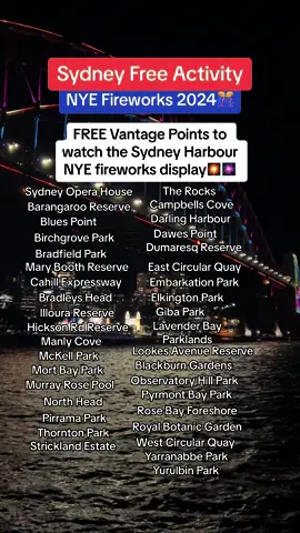 FREE Vantage Points in #SYDNEY for the New Year Fireworks 2024🎇🎆 • Save your money and watch the Sydney Harbour NYE fireworks display from one of these BEST LOOKOUT POINTS✨ • Are you ready to experience the magical Sydney NYE Fireworks? • #sydneynewyear #sydneynewyearseve #sydneyfireworks #nyesydney #sydNYE #NYE2024 #Hello2024 #happynewyear #feelnewsydney 