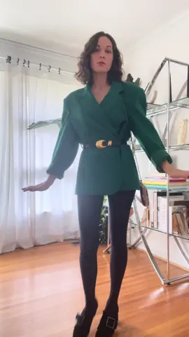 $5 thrifted blazer with a belt and tights is my party trick 🏆 #thrifted #grwm #OOTD #holidaylook #fashun #vintage #fashiontok #80sbaby 