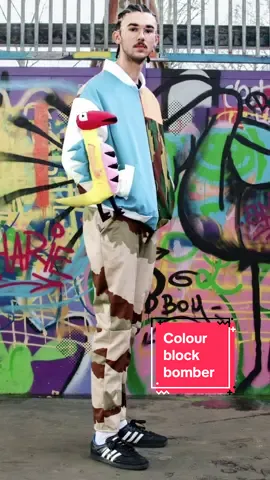 Oversized colour block bomber jacket woth detachable 3D iguana sleeve detail #fashiontiktok #handmade #couturetiktok #iguana #designertiktok #designeroutfit  @Endurancegrand 