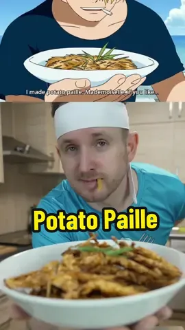 Sanji's Potato Paille 🥔 from One Piece 🏴‍☠️  Episode 228 Ingredients:  - 3 potatoes 450g, peeled  - 60g shredded cheese  - vegetable oil - rosemary  - salt All Blue Salt: I mix different salts and some msg. Try your own combinations ^_^ Instructions: Peel the potatoes, cut them into narrow strips, add them in a bowl and mix with cheese. Add a generous amout of oil into a frying pan. Pack 1/4 of the potatoes tightly and fry on low-medium heat for 7-8 minutes. Turn over and fry another 7-8 minutes until both sides are crispy and golden brown. Sprinkle with salt.  Be careful not to move the potatoes too much while frying, as it will come apart. Once cooked, dab dry with paper towels. Repeat for the other 3 portions.  #potato #cheese #salt #allblue #potatopaille #sanji #nami #zoro #luffy #onepiece #anime #Recipe #food #asmr ##foodkagechris #tiktokfood #fy 