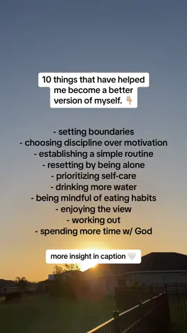The WHY + simple breakdown 👇🏼💞 — set boundaries: helps maintain balance and well-being by establishing clear limits.✨ — choose discipline over motivation: it ensures consistent progress by relying on discipline, which means you’ll push yourself to do it whether you feel like it or not. 🤍 — establish a simple routine: helps reduce decision fatigue and enhance efficiency with a straightforward daily routine. The more you do it, the faster you’ll get with it. 📝 — reset by being alone: (I know this doesn’t apply to everyone) but for me, it helps for reflection, relaxation, and mental rejuvenation. 💁🏻‍♀️ I think of it as a way to charge my battery.  — prioritize self-care: it’ll boost your overall health and resilience by making self-care a top priority. 💚 — drink more water: it’ll support physical and cognitive health by staying adequately hydrated. 💦 use a 64 oz water bottle w/ times — in my Amazon store front  — be mindful of eating habits: it’ll improve your nutrition and well-being by being conscious of your food choices. 🌱  — enjoy the view: helps you have a moment to foster mindfulness, reduce stress, and enhance positivity by appreciating your surroundings. 🌅 — work out: it’ll boost your mood, reduce stress, and achieve a sense of accomplishment through regular exercise. 💪🏼 write down your workout plans too! — spending more time w/ God: putting Him first as made a shift in my life. It hasn’t been easy but it’s been worth it. It has brought me more peace and clarity in the decisions I make. 🤍 Let me know which one is your fav in the comments! 👇🏼 — share with a friend who needs this boost. 🫶🏼 — don’t forget to hit that save button to come back later. 🩵 — follow this account for your dose of inspiration 🤍 Cheers to becoming a better version of ourselves! 🪄 — EL 💞 . . . #dailyinspirationalthoughts #dailylifemotivation #dailyinspirationalquote #shortinspirationalquotes #dailyinspirationquotes #dailypositiveinspirationalquotes #dailyinspirational #motivationaldailyquotes #inspirationalquote 