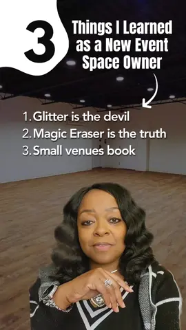 3 Things I Learned as a New Event Space Owner: 1. Glitter is the devil 2. Magic Eraser is the truth 3. Small venues book As a mature #genx entrepreneur, I've got a lot of gems to share. Stick with me as I start discussing my new journey in this event space game and also things I've learned as a magazine publisher for many years.  And don't forget, glitter is the devil!😂😈 . . #eventspace #eventvenue #communityspace #privateevent #eventplanner #johnstownpa #blighttobeauty #babyshower #bridalshower #thronechairs #businessmeetings #venue #eventdecor #eventinspiration #eventsetup #microvenue #workshop #birthdayparty #microwedding #greenscreen 