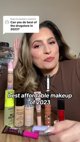 Replying to @sarazpa my favorite affordable makeup of 2023 :)  Products: NYX bare with me concealer NYX thick it stick it brow mascara NYX plump right back primer  Maybelline the falsies surreal mascara revlon skin caring foundation  Milani conceal and perfect foundation  Elf contour wand Milani matte lipstick- tease Loreal color roche lipstick- 113 Elf glow reviver lip oil Catrice undereye brightener  #affordablemakeup #drugstoremakeup #bestmakeupproducts2023 