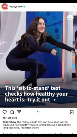 How did you do? The test is pretty simple. Go from standing to sitting cross-legged, and then go back to standing without using any parts of your body besides your legs and core to help you get up and down. The test measures multiple longevity factors, including heart health, balance, agility, core and leg strength and flexibility. Its for women and men esp in midlife/ menopause  Now, this is a reminder that there is no perfect test for longevity but your ability to sit on the floor and then rise without using a lot of support is a good marker of your strength, flexibility, and balance, which is a marker of good health.  This is similar to the chair to stand test that I’ve shown before, but a little more challenging, and meant more for the younger population  Can you do it? #s#sittorisetestf#fitnesstestl#longevitytestl#longevitym#menopausep#perimenopause