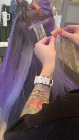 📢 Turn your sound on to head the full tutorial. Fantasy color tape in 24inch extensions. Using @RUSK deepshinedirect purple and @Hairlocs tape in #hair #hairtok #hairextensions #hairextensionspecialist #hairextensioneducation #fypシ #purplehair #blondehair 