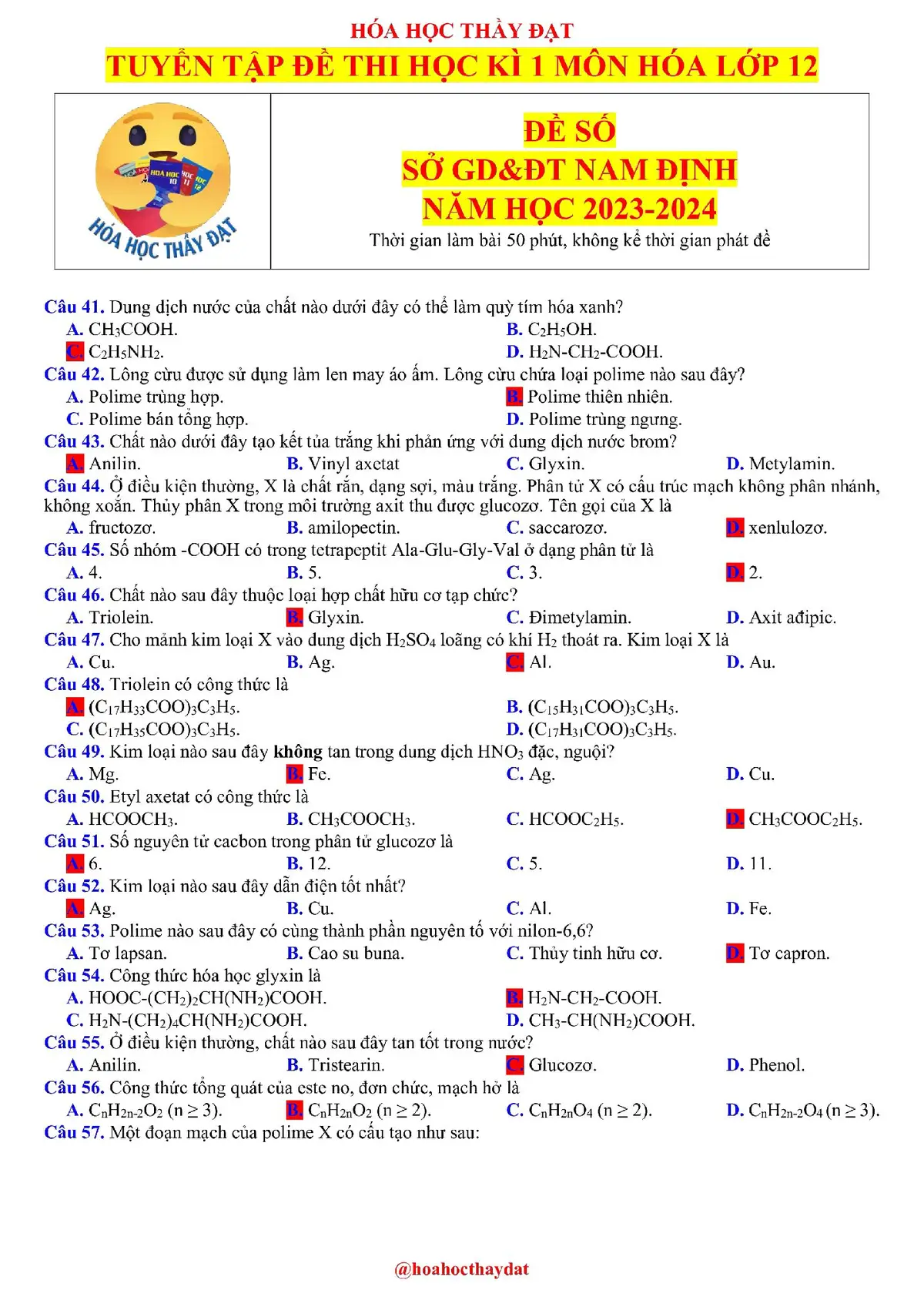 Đề thi học kì 1 môn Hóa học lớp 12 năm học 2023-2024 - Sở Nam Định #2k6quyettamdodaihoc #2k6 #dethi #ĐGNL #hoahocthaydat #trending #hoahoc #xuhuong #2k7 