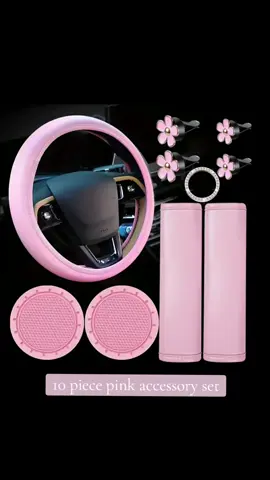 10 piece Pink leather accessory set💕 Set includes: Steering wheel cover 2 seat belt covers 2 drink coasters 1 bling start button  4 flower air vent clips Cost - $400 #fyp #viral #carsoftiktok #pink #auto #caraccessories  #trini_tiktoks 