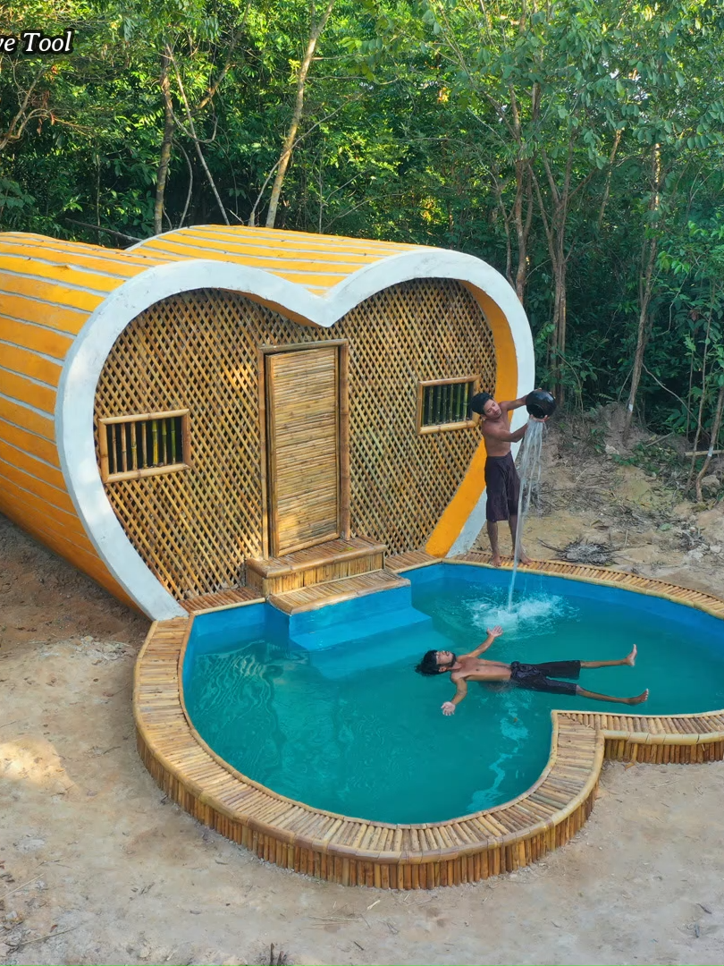 Building Loving House in Deep forest with Swimming Pool by Primitive Skill#primitive #primitivetool #tools #tool #primitivetiktok #fyp #fypシ #foryou