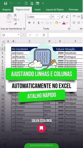 Ajustando Linhas e Colunas Automaticamente No Excel - Atalhos do Excel - No universo profissional, a apresentação eficaz dos dados é crucial. Neste vídeo, exploramos a importância de ajustar linhas e colunas utilizando atalhos rápidos no Excel. Essa técnica não apenas simplifica o processo, mas também aprimora a organização e legibilidade das suas planilhas. Ao investir tempo na boa formatação, você não só otimiza a compreensão dos dados, mas também se destaca como um profissional comprometido com a excelência.  💬 Aprenda essas dicas valiosas e eleve suas habilidades de apresentação no Excel! ➡️ @agregartreinamentos . . . . #DicasdeExcel #Excel #Planilhas #Microsoftexcel #AnalisedeDados #PlanilhaEletronica #excelformulas #exceltutorial #excelhelp #ExcelDescomplicado 