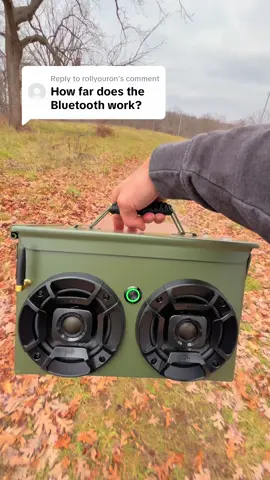 Replying to @rollyouron 300’ with our standard range antenna, 500’ with our long range antenna📡 #BluetoothAudio #PortableSpeaker #SpeakerReview #AmmoCanBoombox #WaterproofSpeaker 