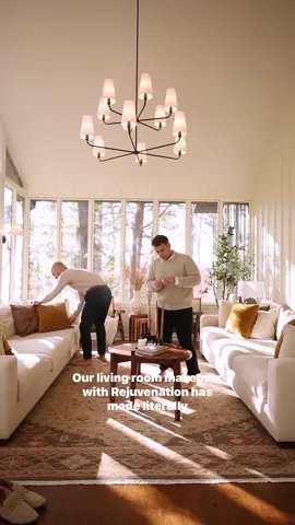 Our living room makeover with products from @Rejuvenation has got us feeling energized for the new year with it’s bright but calming glow up 🥰🤎 We absolutely love each and every piece we used in here. Our personal favorite? These matching luxe ultra-deep sublimity sofas! Everyone who visits says they’re the most comfortable sofas they’ve ever experienced, and we agree!    Want to hear more about the project, our journey in home design and what’s next for us? Join us on Tuesday, 1/16 at noon ET in a virtual Design Chat with the Rejuvenation team! RSVP at rejuvenation.com/probablythis. #Ad #Rejuvenation #ProjectCollective #RejuvenationPartner