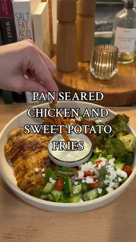 Pan seared chicken + baked sweet potato fries + roasted broccoli + greek salad + tzatziki sauce  #dinner #DinnerIdeas #dinnerrecipes #dinnerwithme #dinneridea #dinnertime #chickenrecipe #chickenrecipes #chickendinner #chickendinnerideas #cooking #mealideas #mealinspo #dinnerinspo 