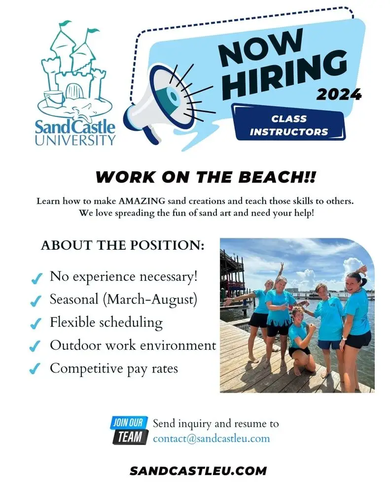 Sand Castle University is hiring Sand Castle Class Instructors for the 2024 season.  Classes are held in  Gulf Shores & Orange beach, Alabama.  March 1st, 2024 start date Position is for ages 18+ Contact@sandcastleu.com  #nowhiring #resume #beachjob #sand #sandcastle #sandsculpture # 