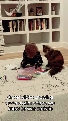 Its crazy going back and watching these kinds of videos not knowing what it was. We noticed Owen placing objects in front of his eyes pretty early on and thought it was a just cute quirk. Now we know it helps him process the world around him and calms him down. 🫶🏻 #autism #visualstimming #markers #wsittingposition #autistictoddler #earlysignsofautism 