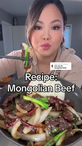 Replying to @8obby1 This recipe is too good not to share! Craving it again as I was editing it 🥹 ➡️ Recipe: Mongolian beef  Serves 3-4 - [ ] 1 lb beef flank, sliced into 2 inch pieces  - [ ] 1 large onion, 1/4 inch slices  - [ ] 4-5 green onion stalks, 2-3 inch pieces - [ ] 4-5 cloves garlic, finely minced  - [ ] 1 tsp ginger, grated  - [ ] Optional: 4-7 Dried chilies for spice  Marinade- - [ ] 3 tbsp cornstarch  - [ ] 1/4 tsp baking soda - [ ] 1 tbsp shao xing wine (dry sherry or dry white wine is fine) - [ ] 1/2 tbsp soy sauce  - [ ] 1/2 tbsp dark soy sauce  - [ ] 1/4 tsp ground white pepper  Sauce-  - [ ] 1 tbsp oyster sauce  - [ ] 1/2 tbsp dark soy sauce  - [ ] 1/2 tbsp soy sauce  - [ ] 2 tsp sugar  - [ ] 1 tsp chicken bouillon  - [ ] 1 tsp Sesame oil, or to taste  - [ ] 1/2 tsp white or black pepper  - [ ] 1/3 cup Cooking oil, for shallow fry - [ ] Steamed rice, to serve 1. Marinate sliced beef with cornstarch, baking soda, shao xing wine, soy sauce, dark soy sauce, and white pepper. Mix well and marinade for 15 mins.  2. To make the sauce, combine oyster sauce, dark soy sauce, sugar, chicken bouillon, white pepper, and sesame oil. Set aside 3. Heat a wok with 1/3 cup of oil (use more or less if you want). Ensure oil is hot, then add in marinated beef. Spread out evenly and leave it to cook for 2-3 mins on each side for a nice crust.  4. Once beef is 90% cooked through, strain the beef from oil and set it aside.  5. Leave 2-3 tablespoons of oil in wok and add ginger, garlic and dried chillies. Cook until fragrant.  6. Add in onions and cook for 2-3 mins or until barely translucent.  7. Add in beef along with the sauce and toss evenly. (2 mins)  8. Top with green onions and toss one last time.  9. Serve with steamed rice or by itself. Enjoy!  #mongolianbeef #takeout #chinesefood #asianrecipe #EasyRecipe 