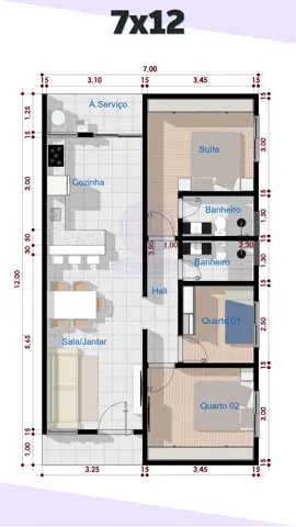 Planta 7x12 #3quartos #planhousedesign #projetocasapronta #plants #casapequena #plantabaixa #plantadecasa 