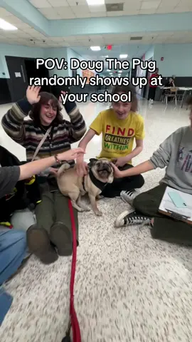 What would you do if you walked out of class and a famous dog was filming a video? Doug loves meeting new friends 🫶 #dougthepug #dogsoftikok #famous 