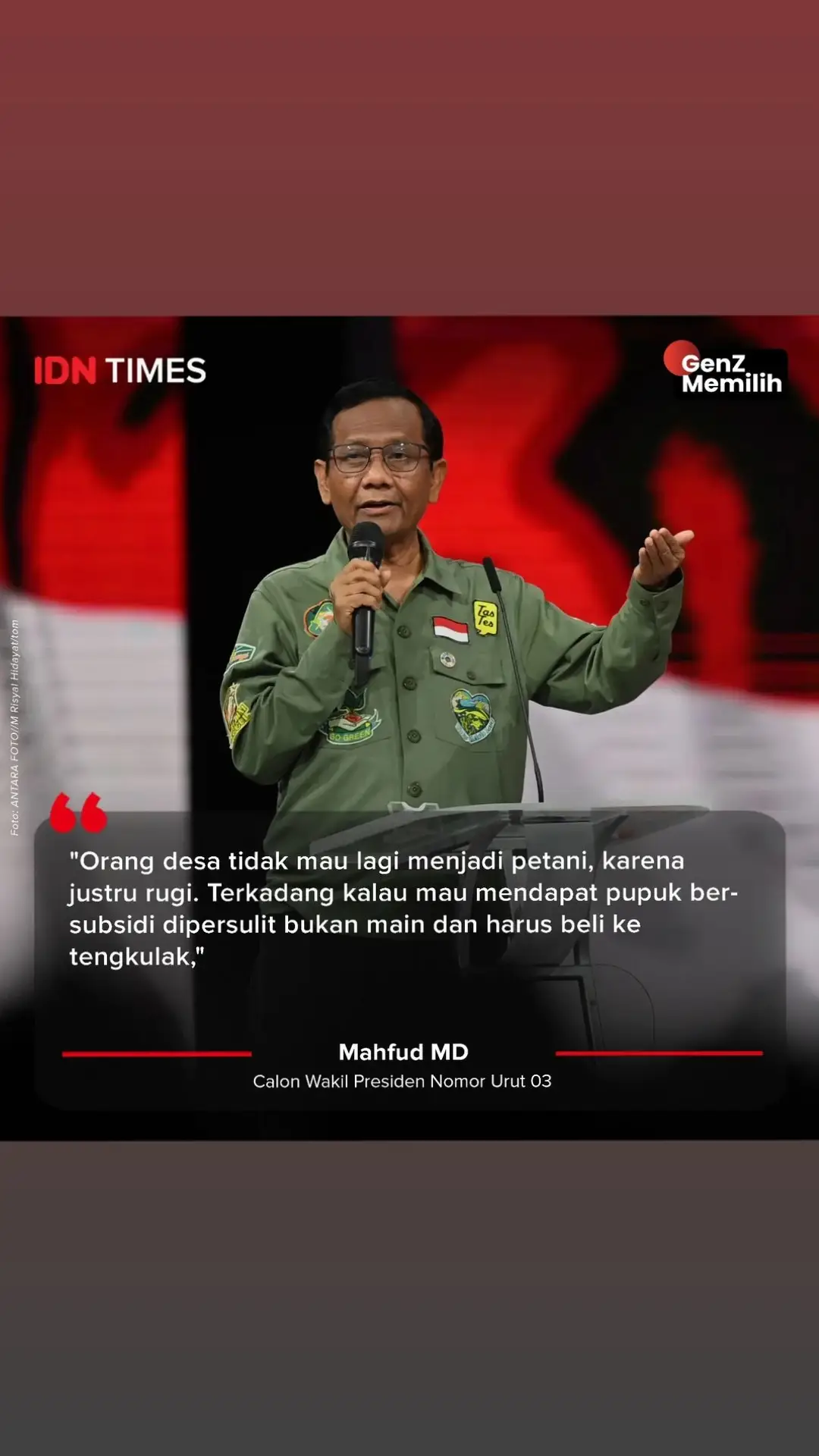 Mahfud mengatakan bahwa orang desa tidak mau lagi menjadi petani, karena justru rugi. Para petani jika ingin mendapat pupuk bersubsidi dipersulit bukan main dan harus beli ke tengkulak. #idntimes #idntimesnews #tiktoknews #tiktokberita #GenZMemilih #SalingJaga #pemilu2024 #debatcawapres #mahfudmd #mahfud 