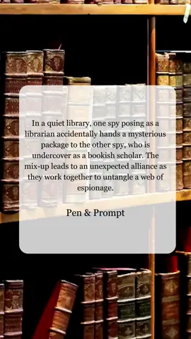 In a quiet library, one spy posing as a librarian accidentally hands a mysterious package to the other spy, who is undercover as a bookish scholar. The mix-up leads to an unexpected alliance as they work together to untangle a web of espionage. #writingprompts #storyideas #creativewriting #spyfiction