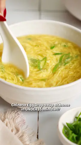 15 Min Chinese Egg Drop Soup 😍 Skip the takeout, because this classic Chinese soup is so quick and easy to make. And watch until the end where I’ll show you how to get those iconic long and whispy egg ribbons that are SO good! 📝 INGREDIENTS — Yields 4 servings * 3 eggs * 1 tablespoon water * 4 cups chicken stock * ¼ teaspoon salt * ⅛ teaspoon white pepper more to taste * ¼ teaspoon chicken bouillon powder * ⅛ turmeric powder (optional) for color * 2 stalks green onions sliced whites and green parts divided * ½ teaspoon sesame oil Cornstarch Slurry * 2 tablespoon cornstarch * 3 tablespoon water 👩🏻‍🍳 INSTRUCTIONS 1. Beat the eggs. In a small measuring cup with a spout, mix the eggs with 1 tablespoon of water until combined. Set aside.  2. Heat the stock. In a small pot, add the chicken stock, white pepper, chicken bouillon powder, turmeric powder if using and the white parts of the green onion and bring to a simmer over medium high heat.  3. Make and add cornstarch slurry. In a small bowl, mix the cornstarch and water until combined. Once the soup reaches a simmer, lower the heat to medium and slowly pour the cornstarch slurry in while simultaneously stirring the broth. Stir until the soup thickens, you may need to add more for your desired consistency.  4. Add the egg ribbons. Turn the heat to medium-low heat. Very slowly stir the broth in a circular motion, and simultaneously slowly drizzle the eggs in a thin stream it should take about 20-30 seconds to pour in all of the eggs. The slower you pour the thinner the eggs will be. Do not pour in all the eggs at once.  5. Serve. Turn off the heat, mix in the sesame oil. Taste and adjust as needed. Garnish with chopped green onion. Enjoy! . . . . #eggdropsoup #chineserecipes  #soupseason #EasyRecipes #chinesefood #soup #Betterthantakeout #souprecipes #chinesetakeout