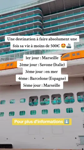 Bon plan voyage INCROYABLE à moins de 500€ pour une croisière 🛳 en mai !!! 🔹️ 491€/pers pour 5 jours, 4 nuits sur le bateau Costa Pacifica.  🔹️Cabine avec vue sur l'océan - Départ, 1er jour : Marseille  - 2ème jour : Savone ( Italie) - 3ème jour : En Mer - 4ème jour : Barcelone (Espagne) - Arrivée, 5 jour : Marseille  Pour trouver des croisières 🛳 : 1. Cliquez sur le lien dans ma biographie Instagram 2. Cliquez sur “Economiser sur vos voyages” 3. Regardez la vidéo de 4 minutes. 4. Cliquez sur je veux devenir membre VIP (14 jours d’essais, satisfait ou remboursé). #bonplan #bonsplans #voyagerpascher #bonplanvoyage #astucevoyage #budget #2024 #BonPlanTikTok #france🇫🇷 #croisiere #cruise #vacance #frenchtraveler 