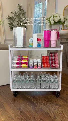 New Drink Station Organization 🤩🤩 This beverage cart fits perfectly in our pantry but also works great as a drink station/snack area for parties and gatherings ☺️.  #organization #organizedhome #pantryorganization #snackorganization #momlife #kitchenorganization #drinkorganization #foryou 