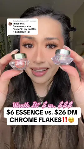 Replying to @alyse_novak $6 vs $26? and how far is too far when it comes to #dupes? 😵‍💫 MENTIONED: @essence cosmetics & @DanessaMyricksBeauty multichrome flakes #ulta #sephora #makeup #beauty #new #newness #target #dupe #drugstore #longervideos  