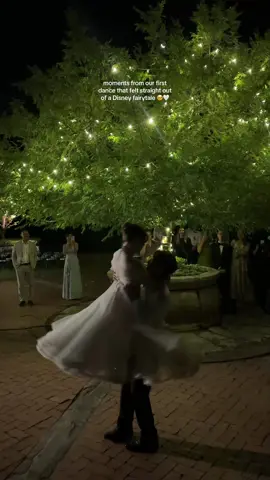 the way my dress spun, the tree lit up with fairy lights, the cheers from our guests, i will live in this moment forever and ever 🥹 thank you @Paolo Sebastian for the most beautiful dress to twirl the night away in 🤍 #weddingday #firstdance #disney #bridaldress #paolosebastian #disneyprincess 