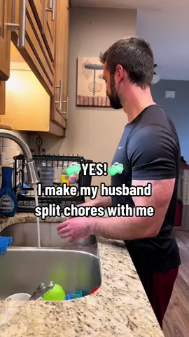 Want to know how my husband and I split up chores evenly when he works a full time job and I am a stay at home parent? Btw doesn’t our dish rack look super modern and cute 😍 #husbandwifecomedy #kitchenmusthaves #tiktokshopping #sahmsoftiktok #millenialparents 