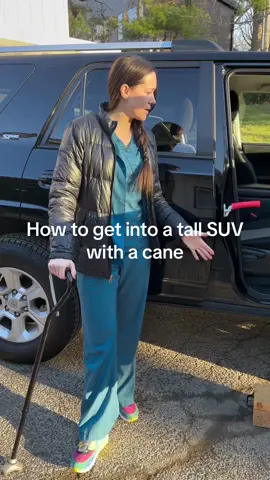 How to get into a tall SUV with a cane. Still struggling? Reach out today to see how we can help. 567-454-1046 or www.viptherapy.org Disclaimer: this is not medical advice. Consult your doctor if you are having pain and mobility limitations.  #caregiver #caregivers #caregiversupport #caregivertips #healthcare #health #healthcareworkers #pain #geriatrics #falls #fallprevention #parkinsons #rollingwalker #stairs #dementia #homecare #homehealth #wellness #stna #cna #nurse #doctor #physicaltherapy #physicaltherapist #physicaltherapyassistant #fyp #caregiversoftiktok #healthcareworkersoftiktok #cnasoftiktok #nursesoftiktok  #physicaltherapytiktok 
