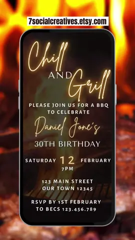🔥 Chill and grill in style with our Digital Animated Backyard Barbeque Invite! 🍔🎉 Perfect for a men's birthday party, this phone-friendly eVite sets the scene for a laid-back gathering. Customize effortlessly with our DIY editable Canva template. Share digitally and let the good times roll! 🍖📱 #bbqparty #grill #digitalinvitation #invitation #partyideas 