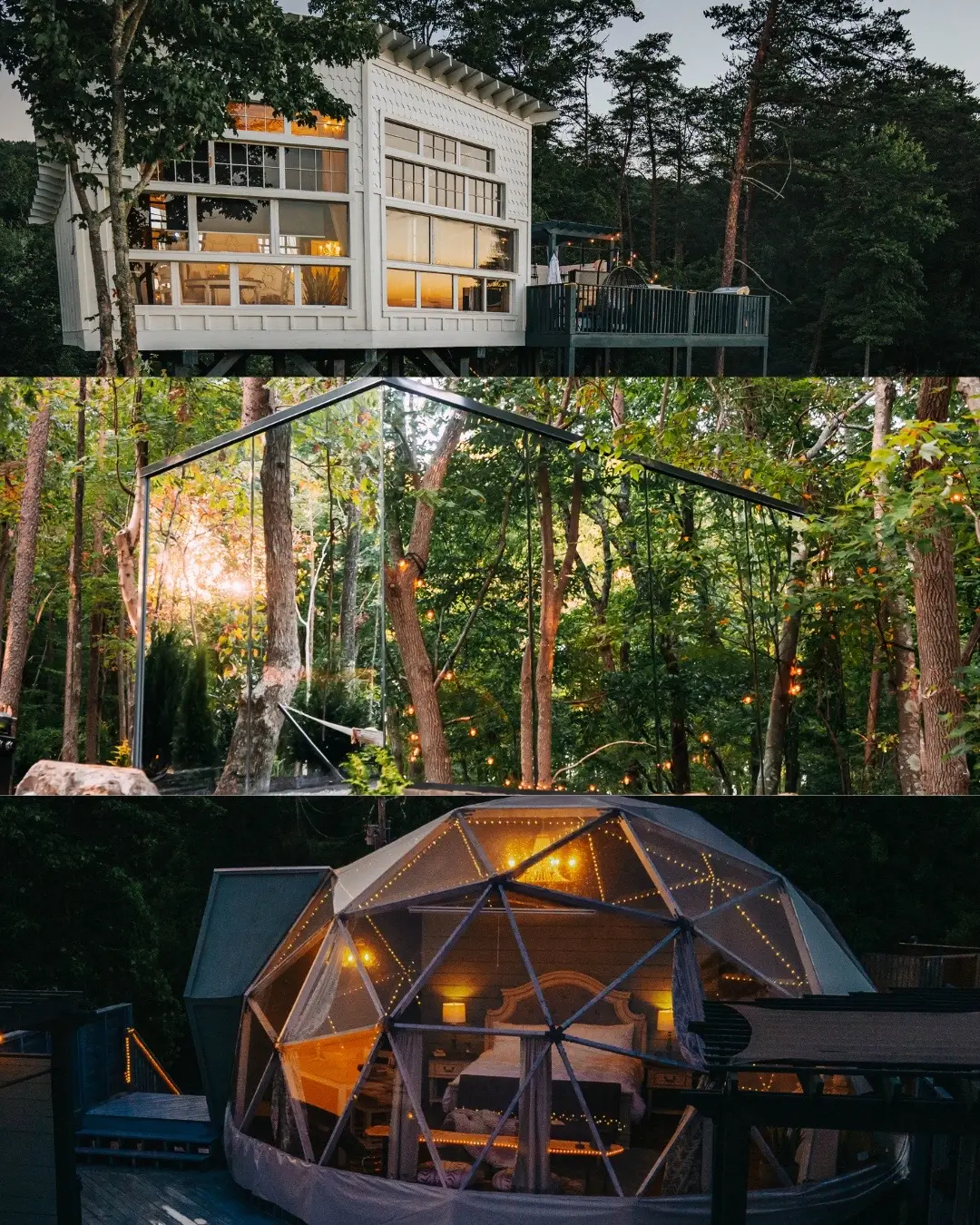 Honeymoon Treehouse, Mirror Cabin, or Dome? Where would you stay? 👇 #traveltok #luxurytravel #treehouse #mirrorcabin #domes #couplesgetaway #solotravel #boltfarmtreehouse 