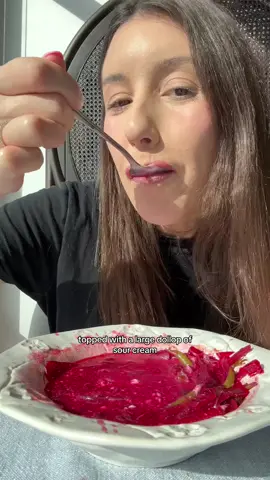 ✨Borsch✨- This is suuuuch a healthy Ukrainian dish that I love to make and to eat. There are literally so many variations of this dish, but this is one of my favourite way to make it. Full with so many great vegetables, but mainly beets that turn this pot a vibrate red broth. I add a very a generous amount of dill, and lots lemon because I like it tart. All balanced out topped with sour cream. You can serve this both warm and cold. Enjoy!  10 -12 beets with their green tops - I use half the amount of beet tops  5 cups soup stock 5-6 cups water 1 onion, roughly chopped fine 2 carrots cut thin 2 cups shredded cabbage 1 cup or more tomato juice 1 potato, cubed 1 cup roughly chopped string beans 1 small stalk celery, diced,  1 cup chopped fresh dill 2-3 lemons juiced  1/2 cup or more sour cream top topped each bowl Salt and pepper - I did about 1 TBSP each  Clean the beets. I keep their skins on. Cut off the tops and wash them well. Cut the tops into small pieces and beets roughly chopped. Put all vegetables in a large pot. Pour in stock and water. Cook until the vegetables are tender. Mix in the tomato juice. Add lemon juice based off of desired tartness. Add the dill. Season with salt and pepper. Serve hot or cold with a large dollop of sour cream and extra dill.  #soup #soupseason #souprecipe #borsch #dinner #beets #Foodie #cooking 