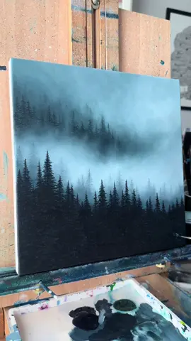 A personal favorite of mine. Would you like more slowed down videos that are little cuts of the process or do you prefer seeing the whole process in a time lapse. I obviously can’t fit the whole painting in real time 😅 For the fog I’m using a deerfoot brush and for the trees I’m using a mini fan brush 20/0. Both are from @princetonbrush  #acrylicpainting #foggyforest #mistyforest #pineforest #fog #naturelandscape #landscape