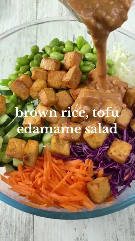 Welcome to Ep 1 of Salads that ✨DON’T SUCK✨ Say hello to my Brown Rice, Tofu & Edamame Salad! This baby is tossed in the most delicious peanut dressing. It’s fresh, crunchy, vibrant and it tastes as amazing as it looks. Also perfect for meal prep for the week if you keep the dressing separate! 🥣🍃 LET’S GET COOKING! 👩🏻‍🍳  Ingredients: 3 cups cooked brown rice, cooled 1 packed cup shredded red cabbage 1 packed cup shredded green cabbage 1 large carrot, shredded 1 large cucumber, thinly sliced 1.5 cups frozen shelled edamame 1/2 block (225g) firm tofu, cubed and pan fried or air fried* (see notes)  Optional: extra leafy greens (eg baby spinach, rocket)  Dressing:  1⁄4 cup natural peanut butter 2 tbsp lemon or lime juice 2 tbsp light soy sauce 2 tbsp maple syrup (I used my homemade hot maple) 1 tbsp sesame oil 1 tsp grated ginger 1 large clove garlic, minced Salt & pepper, to taste (optional)   To serve:  1 green onion, finely sliced Roasted peanuts, roughly  chopped Fried shallots Black sesame seeds  METHOD 1. Cook your rice ahead of time and take out the 3 cups and allow it to cool at room temperature (or prep the night before). In the meantime, bring a pot of water to the boil then cook the frozen edamame. Drain and rinse well in cold water. Set aside to cool. 2.  In the meantime, whisk the peanut dressing ingredients together in a bowl. Add 1 tbsp of water at a time to thin out the dressing to your desired consistency.  3. To assemble, combine all the prepped ingredients in a large bowl. Add the dressing and toss well to coat. Garnish and serve!  NOTES * For the tofu, all I did was coat it in a mixture of soy, sugar, sesame oil, pepper and air fry it until golden. You can also pan fry and season afterwards instead!  #vegan #plantbased #healthyrecipe #healthyfood #saladrecipe #salads #EasyRecipe #health #vegansalad #tofu #edamame #plantbasedrecipe #healthyfood 