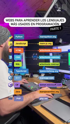 Los lenguajes más utilizados en programación y sus webs para comenzar a aprenderlos gratis (parte 1). Python → learnpython․org JavaScript → learn-js․org HTML → w3schools․com/html CSS → w3schools․com/css SQL → w3schools․com/sql TypeScript → typescriptlang․org C++ → learncpp․com C# → dotnet․microsoft․com Java → learnjavaonline․org PHP → php․net ¿Cuál es tu preferido? #programacion #programadores #python #javascript #junior 