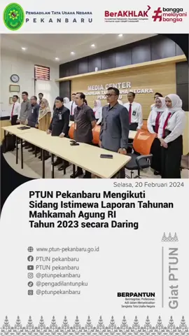 Sidang Istimewa Laporan Tahunan Mahkamah Agung RI Tahun 2023 secara Daring Pekanbaru: Selasa, 20 Februari 2023 bertempat di Media Center PTUN Pekanbaru, Wakil Ketua PTUN Pekanbaru Bapak Darmawi, S.H. beserta Bapak-Ibu Hakim dan Calon Hakim yang magang di PTUN Pekanbaru secara Daring melalui teleconference Ruang Media Center di sela-sela jadwal Persidangan. #zonaintegritas #wbkwbbm #mahkamahagungri #ditjenbadilmiltun #pttunmedan #ptunpekanbaru @humasmahkamahagung @ditjenbadilmiltun @pttun_medan
