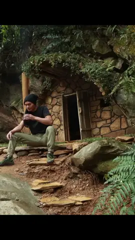 Part 2 | He builds an incredible house under a rock 🪨 #bushcraft #fyp #building #shelter 