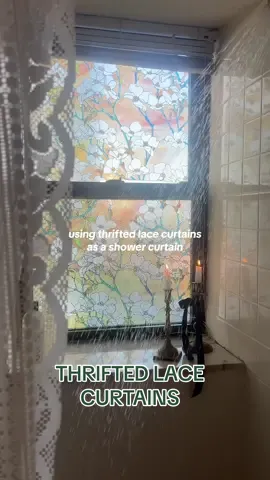 Im obsessed with these lace curtains i scored at a local thrift. They make the perfect shower curtain #homediy #thriftflip #homedecor 