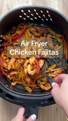 Quick Air Fryer Chicken Fajitas  Need: 1 lb chicken breast, sliced into strips  Bell peppers, sliced (1 medium each) 1 medium red onions, julienned 3 tbsp fajita seasoning. (I made my own. Recipe on my website) 2 tbsp Olive Oil Salt and pepper  - Place the chicken mixture in a single layer and spaced out. Air fry at 400 for 8-10 minutes. Open half way through and shake or mix  - Work in batches. 2 batches. Serve with rice or tortilla and all the goodies to make fajitas. 