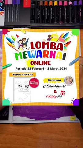 Lomba Mewarnai Online Syarat dan ketentuan  • Wajib follow Instagram @assyabiyaart dan @penerbitruangkata • Like dan share postingan ini ke story • Hanya di perbolehkan menggunakan krayon/oil pastel, boleh menggunakan merk apa saja • Ukuran kertas minimal A4, kalian bisa download link sketsa yang ada pada highlight 