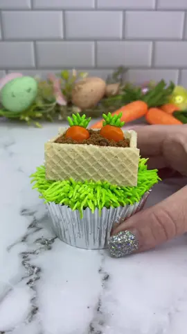 Plant some carrots with me 🥕🥕 How cute is this little planter 💚🧡 and the best part is, you don’t need any special carrots, you can use orange M and Ms 🥕 I used piping tip 233 for the grass and cut wafer biscuits to size for the planter. This is filled with crushed Biscoff biscuits. The carrots are orange M and Ms and I piped the tops with tip number 4 💚🥕🧡 #cupcake #cupcakedesign #cakedbyrach #carrotcake #easterbaking #minicake #caketok 