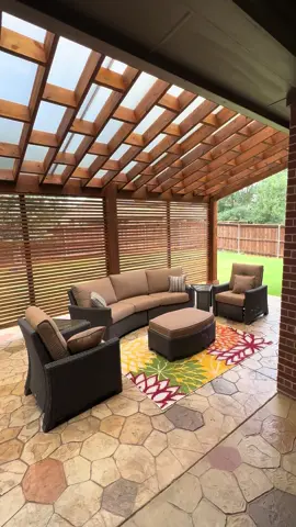 Sexy SkyPoly Pergola Patio Space by Precision Outdoors in Dallas! Cover your pergola. Cover your patio. Outdoor living space and architecturural roofing panels. #pergola #patiocover #pergoladesign #patiodesign #skypoly #outdoorlivingspace #outdoorkitchen 