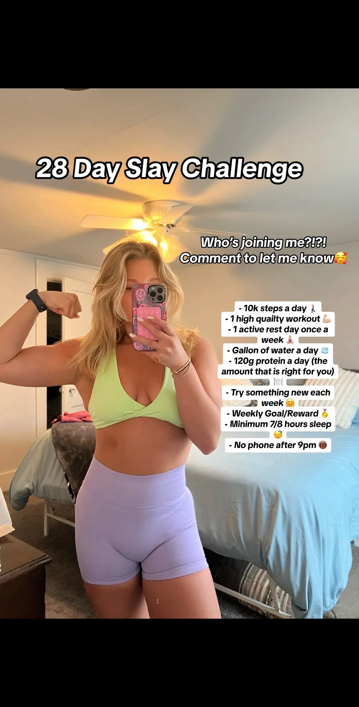 #28dayslay 🥳 We start tomorrow March 3rd! Who’s joining me?!?  Comment to let me know if you’re in so I can check in with you daily🥰 Challenge Goals 🥰 - 10k steps a day 🚶‍♀️ - 1 high quailty workout 💪🏼 - 1 active rest day once a week 🧘🏼‍♀️ - Gallon of water a day 🧊 - Prioritoze Protien 🍽️ - Try something new each week 🤗 - Weekly Goal/Reward 🥇 - Minimum 7/8 hours sleep 😴 - No scrolling after 9pm 📵   #75hard #Fitness #fitnessmotivation #fitnesschallenge #moveyourbody #teamwork #community #funchallenge #fyp 